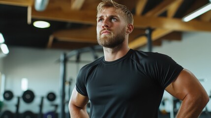 Fototapeta premium A determined male athlete stands confidently in a gym, showcasing strength and focus, surrounded by workout equipment, embodying motivation and power.