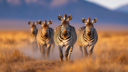 Fototapeta premium A stunning scene of four zebras gracefully strolling through golden grasslands at sunset, capturing the beauty of nature and wildlife in harmony.
