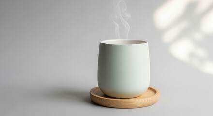 Minimalist ceramic cup with steam rising, placed on a wooden coaster against a soft gray background, showcasing modern design and simplicity in beverage presentation
