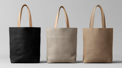 Three stylish tote bags in black, beige, and light brown with leather handles displayed against a neutral gray background for fashion and accessory design