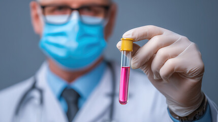 Medical professional in a white coat and blue mask holds a test tube with pink liquid, demonstrating laboratory work in a clinical setting