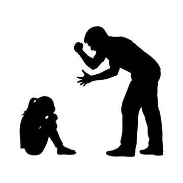 Silhouette of an angry man scolding a scared cowering child