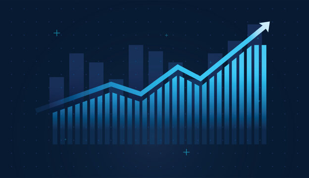 The Upward arrows atop key bars highlight profitable growth moments and bullish sentiment. Overlapping bars show diversified income streams and digital products