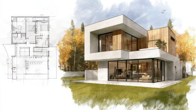 Blending architectural blueprint drawing with realistic 3d render of a modern luxury house design in a forest setting, showcasing project planning and home construction concept