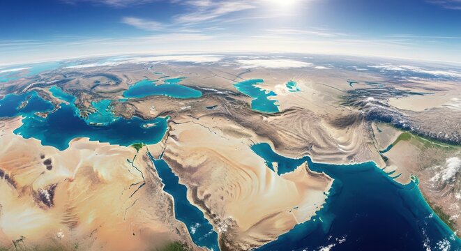 Aerial view of the Middle East and North Africa with vast deserts and blue waters