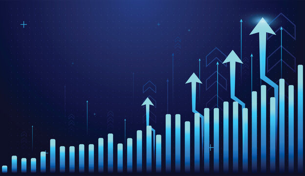 The strong up trend of economic and finance arrows with growing column charts, Rising arrows highlights a strong finance point of steady increase. vector