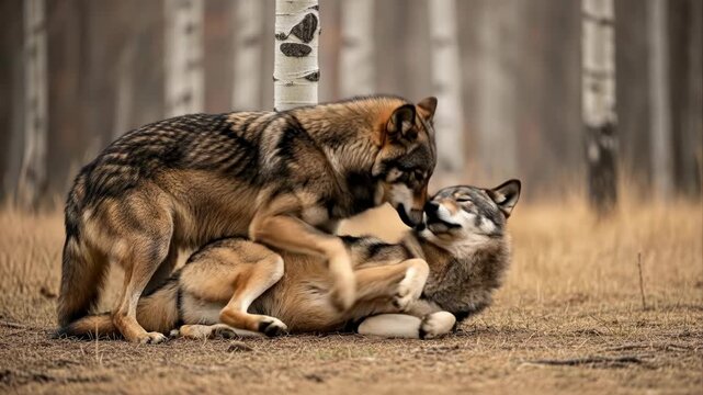 Two Wolves Playing in Forest Clearing.