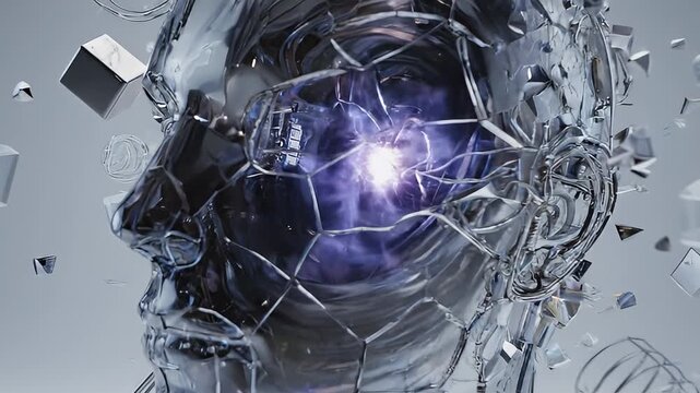 AI robot head exploding digital.