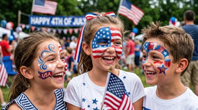 Happy kids with patriotic face paint smile and wave flags during a sunny fourth of july celebration in a crowded outdoor setting with festive decorations and a joyful atmosphere