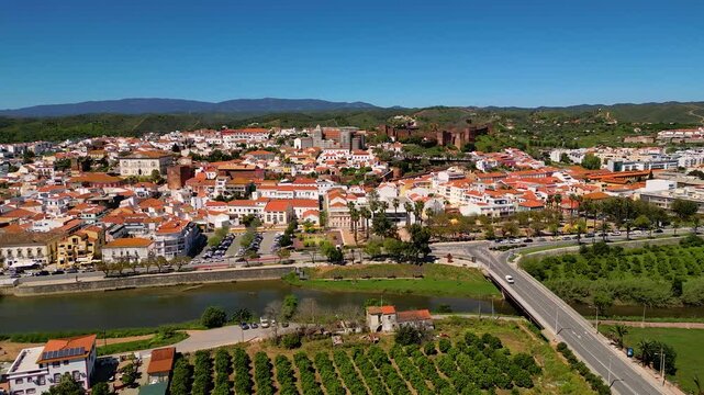 Aerial View on Silves in Algarve Portugal, flying sideways from right to left