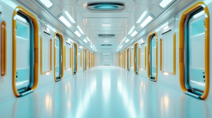 Fototapeta premium A sleek, futuristic corridor showcases modern design aesthetics with illuminated features, representing innovation and advanced architecture in a sci-fi inspired environment.