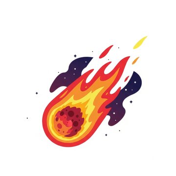 Meteor and asteroid flat vector illustration isolated on white background. Space object with fire trail and rock texture suitable for astronomy, space, and science themes.
