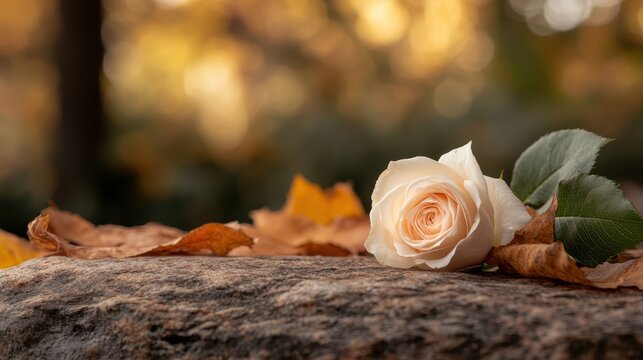 A delicate rose rests on a rugged stone surface surrounded by autumn leaves, capturing the essence of nature's beauty and the transience of life.