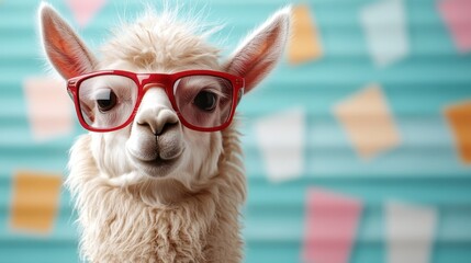 Fototapeta premium This image features an adorable alpaca wearing oversized red glasses, set against a vibrant and colorful backdrop, creating a whimsical and playful atmosphere.