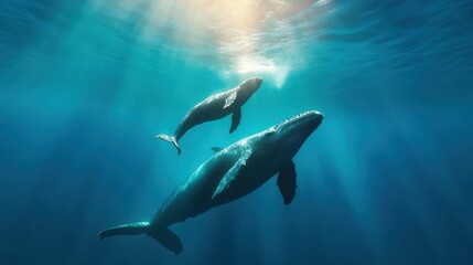 Fototapeta premium Two magnificent whales glide gracefully through the crystal-clear ocean waters, where sunlight pierces the surface, showcasing the beauty of marine life in its natural habitat.