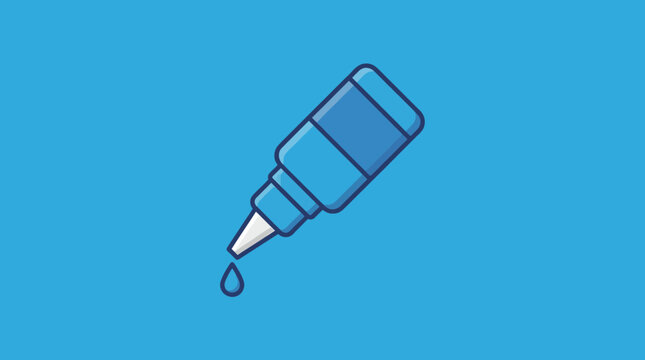 Illustration of an eye drop bottle with a single drop falling from its nozzle against a bright blue background