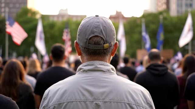 Man at political rally watching crowd. People at demonstration for protest and social movement. Man at public gathering for social protest. Man observes crowd and social demonstration from behind.