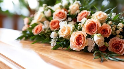 Obraz premium A serene arrangement of pastel roses and white flowers adorns a beautifully crafted wooden casket, symbolizing love and remembrance in a heartfelt tribute.