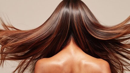 Fototapeta premium Woman with flowing long healthy brown hair, highlighting hair care, beauty, strength, and vibrant color, creating a dynamic sense of movement and volume