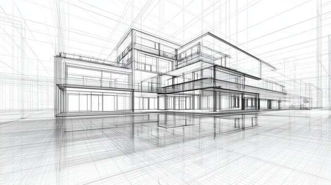 Modern building blueprint illustrating complex architectural design and engineering stages with wireframe lines, conceptualizing future construction and development planning