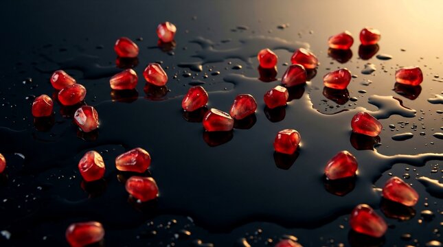 Pomegranate seeds scattered on wet dark reflective surface