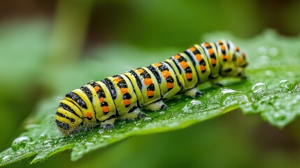 Fototapeta premium Brightly colored larva crawls across a wet green leaf surface
