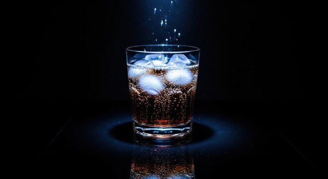 Refreshing cola drink with ice cubes and splash effect in a glass.