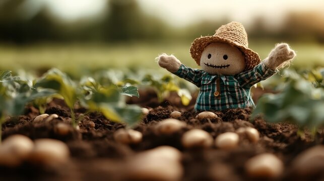 A delightful scarecrow stands amidst tender crops, exuding a sense of peace and harmony in a vibrant garden, illustrating the beauty of nature and the nurture of agriculture.