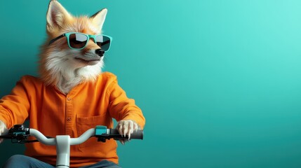 Fototapeta premium A whimsically dressed fox wearing sunglasses and an orange shirt, posed on a bicycle against a turquoise background, blending humor with artistic flair in visual storytelling.