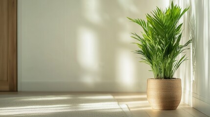 Fototapeta premium A beautiful potted plant gracing a bright corner of a room, symbolizing tranquility and nature’s presence in our indoor environments, enhancing the overall aesthetic.