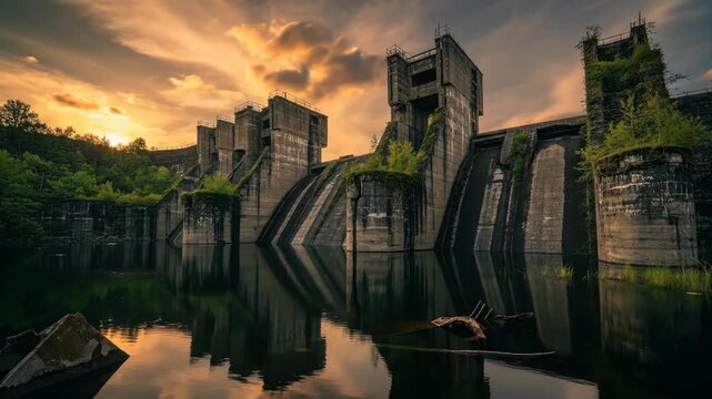 Industrial dam structure at sunset.