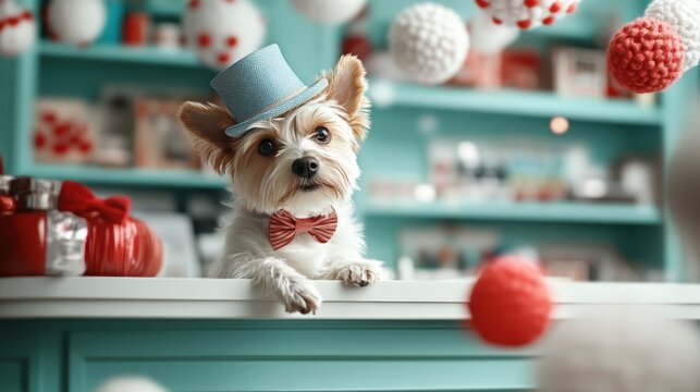 A charming dog wearing a blue hat and red bowtie poses adorably at a festive celebration, conveying a sense of joy, companionship, and style that captures hearts.