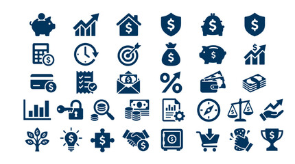 Collection of finance and business icons representing growth investment savings and success in a modern flat design style © Iconique Studio