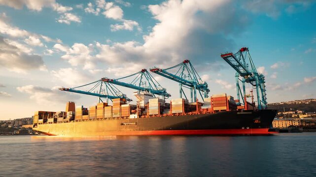 Timelapse of a suezmax container vessel being loaded with cargo by towering quay cranes under blue sky with white passing clouds.