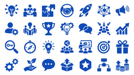 Fototapeta premium Collection of blue business and strategy icons representing ideas growth teamwork innovation and success on a white background