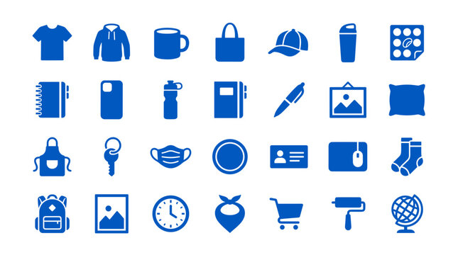Collection of blue merchandise and promotional items icons representing branding and marketing products for business and advertising purposes