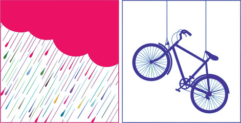 Fototapeta premium Split with pink rain cloud and hanging blue bicycle silhouette