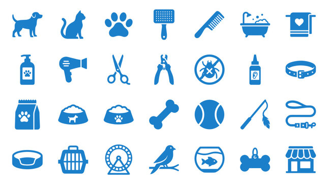 Collection of blue pet care and grooming icons representing services and supplies for dogs cats birds and fish including grooming tools food bowls and shops