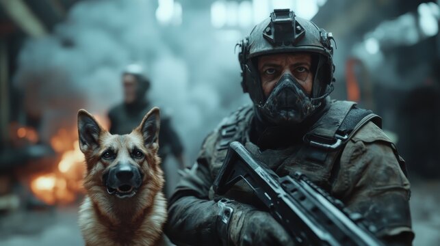 A tactical soldier poses alongside a loyal canine companion in a war-torn environment, demonstrating teamwork and courage amidst chaos and destruction.