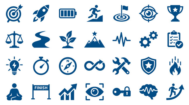Collection of business and success icons representing growth strategy goal achievement and motivation concepts for presentations and web design