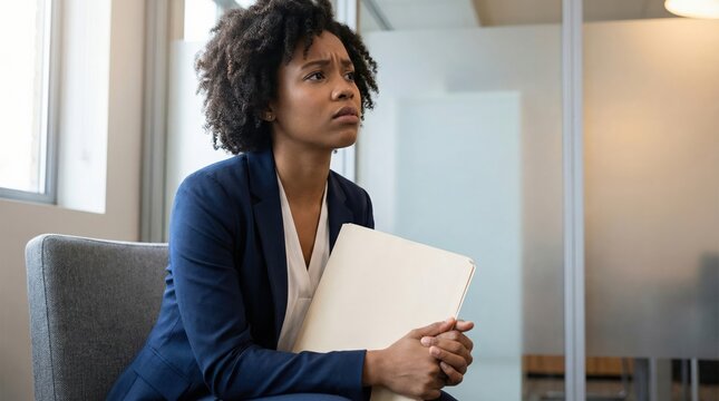 African young woman experiencing job interview nerves in office