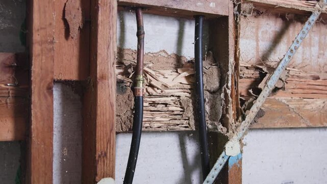 Termite damage next to plumbing in an infested home.