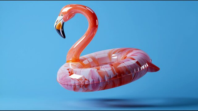 Inflatable flamingo pool float with vibrant pink and orange colors, suspended against a bright blue background, showcasing its unique design and playful aesthetic