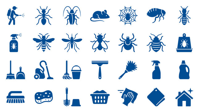 Collection of pest control and cleaning service icons representing insects, rodents, cleaning tools, and home hygiene for extermination and sanitation concepts