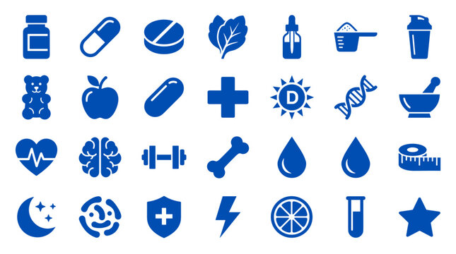 Collection of blue health and wellness icons representing medicine supplements fitness and healthy lifestyle elements on a white background