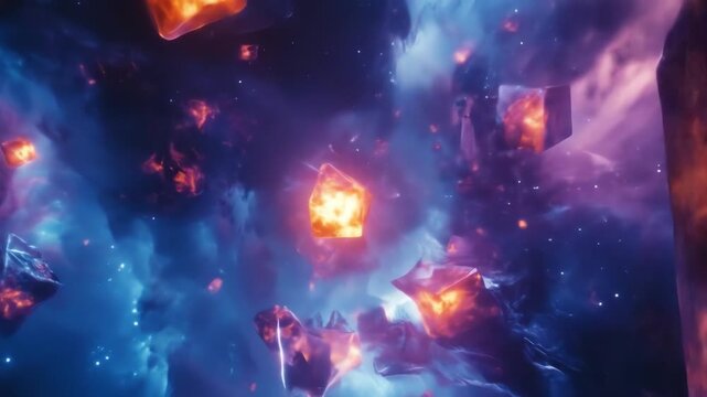 Abstract digital cubes floating in a nebulous cosmic space background