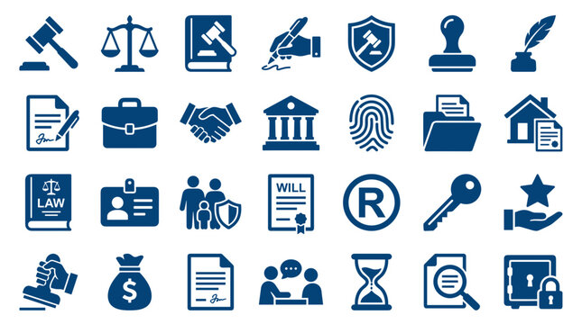 Collection of blue legal and business icons representing justice law finance and security concepts on a white background