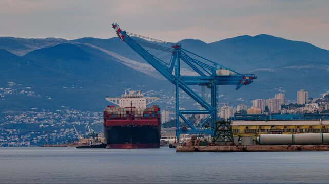 A large suezmax container vessel is maneuvered into berth by tugboats at a busy cargo terminal with large quay cranes, with a city and mountains in the background with passing clouds creating shadows