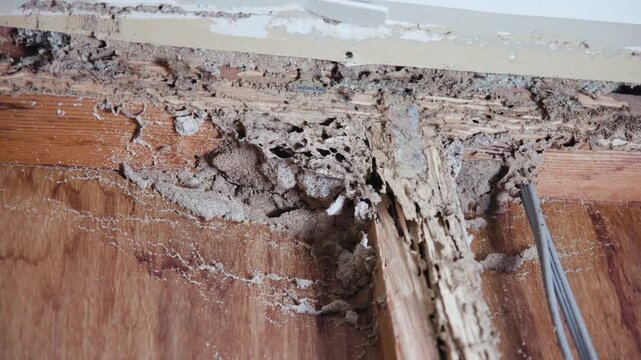 Mud nests inside walls of a home damaged by termites. Timber infestation.