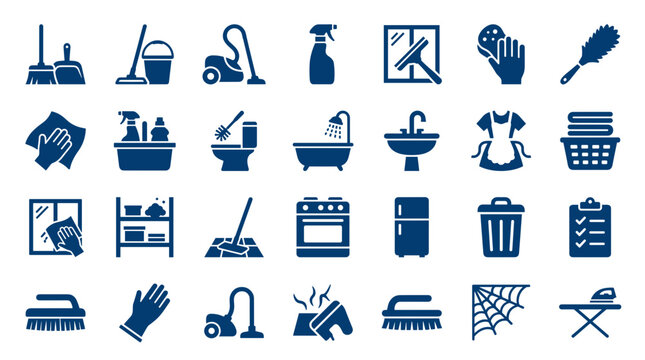Collection of blue cleaning icons representing household chores and hygiene tools for home maintenance and sanitation services